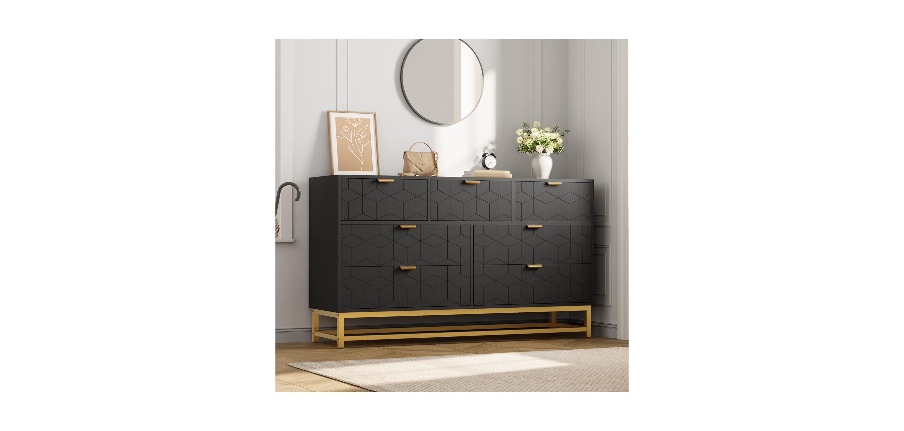 gaomon Modern 7 Drawer Dresser, Wide Chest with Gold Metal Legs & Handles, Wood Storage Organizer for Bedroom, Living Room, Hallway