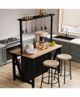 Wooden Kitchen Island with Power Outlet & LED Lights, 47" Kitchen Island Table with Storage, 3-Tier Bakers Rack, Coffee Bar Table with Hooks