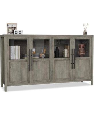55" Sideboard Buffet Cabinet with 4 Glass Doors, Display Coffee Bar & Wine Storage, Modern Farmhouse Credenza for Dining Room, Kitchen, Living Room