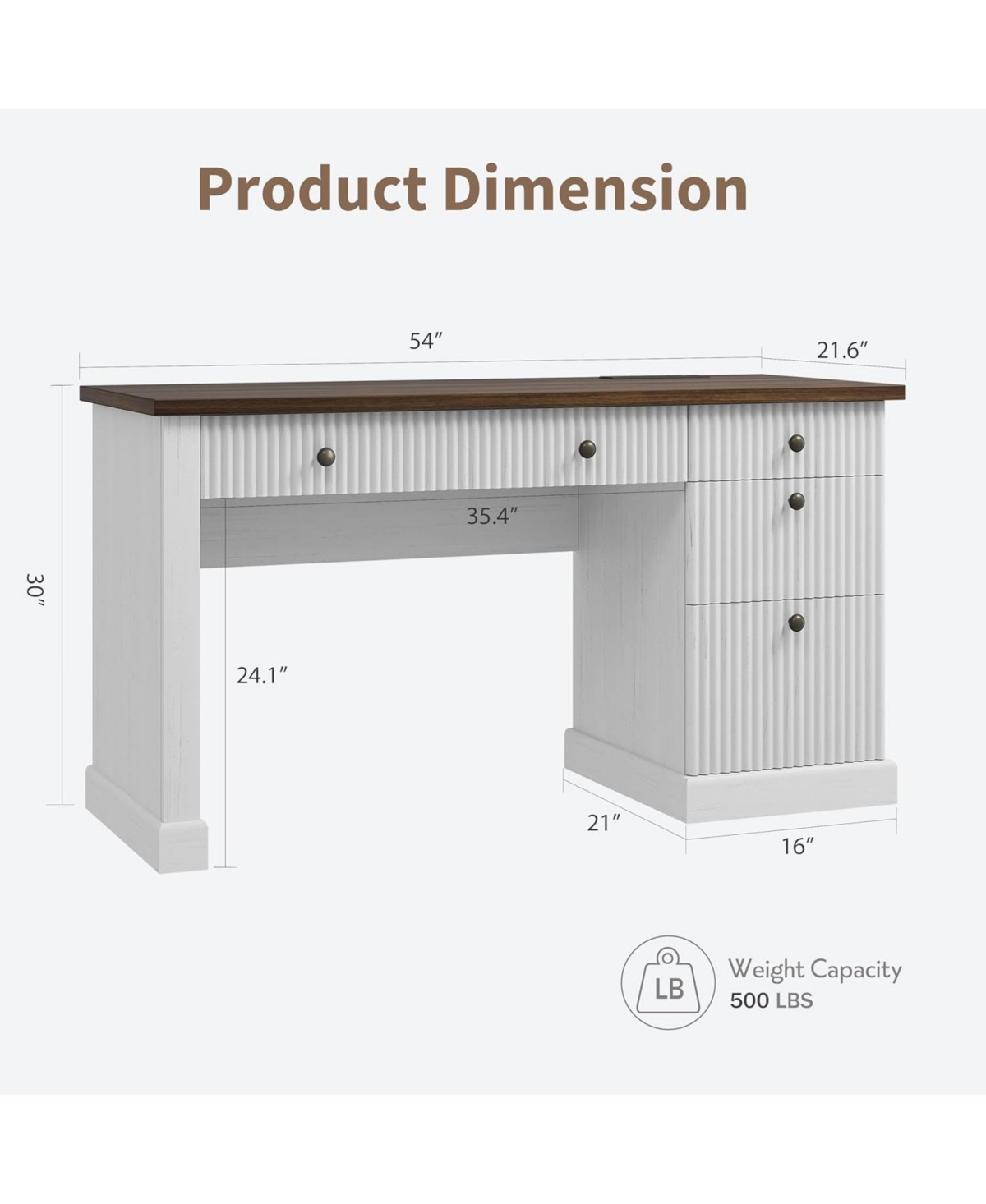 Gaomon 54" Fluted Executive Desk with Charging Station, Modern Home Office Writing Desk with File Drawers and Cabinet Storage