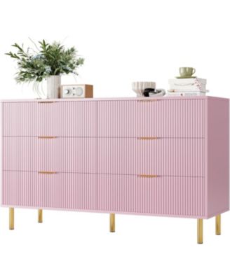 Pink 6 Drawer Dresser, Modern Wood Double Chest of Drawers with Gold Handles, Large Storage Organizer for Bedroom, Living Room