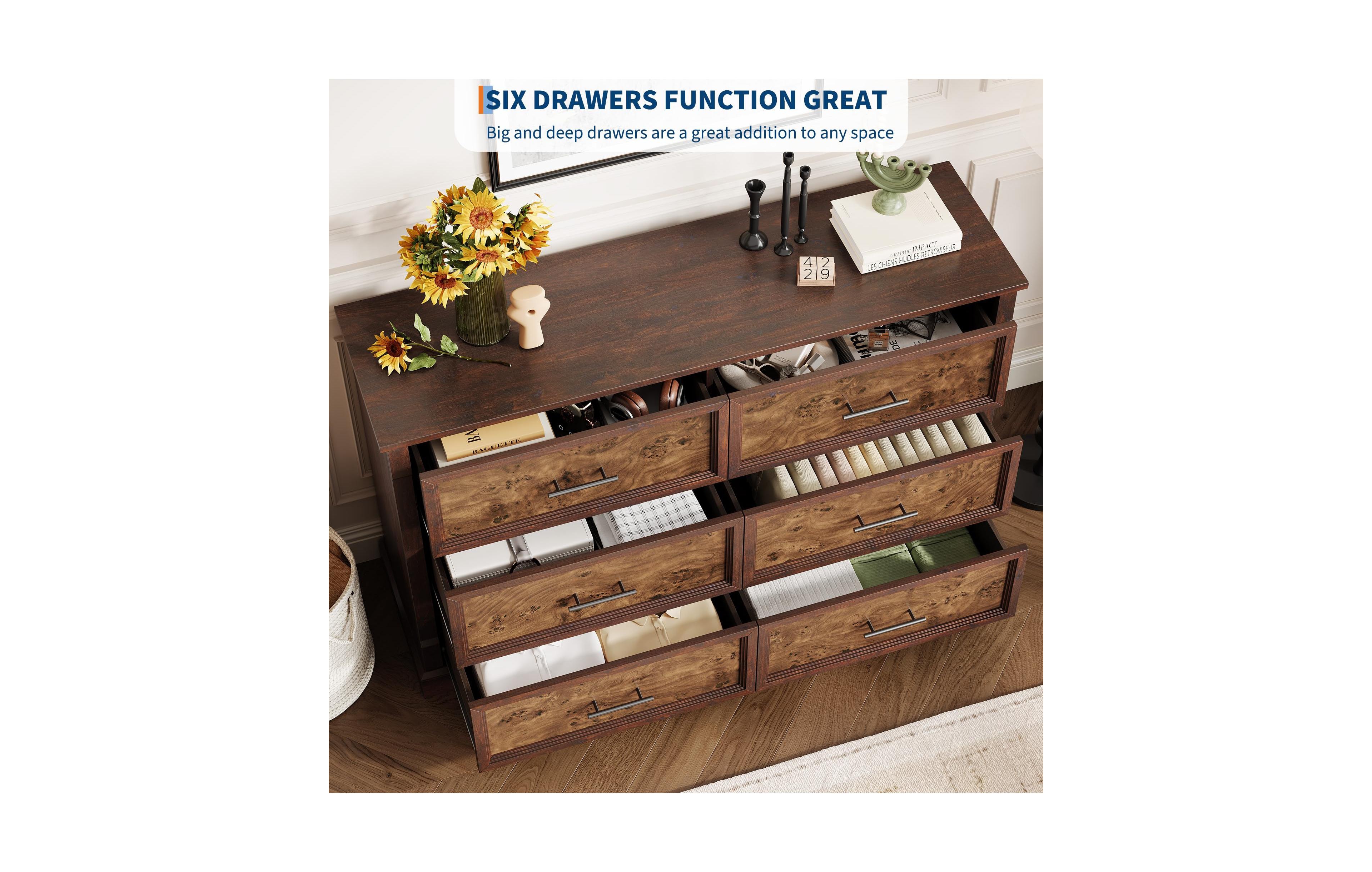 Gaomon 6 Drawer Dresser for Bedroom, Farmhouse Chest with Metal Handles, Rustic Double Wood Dresser Organizer