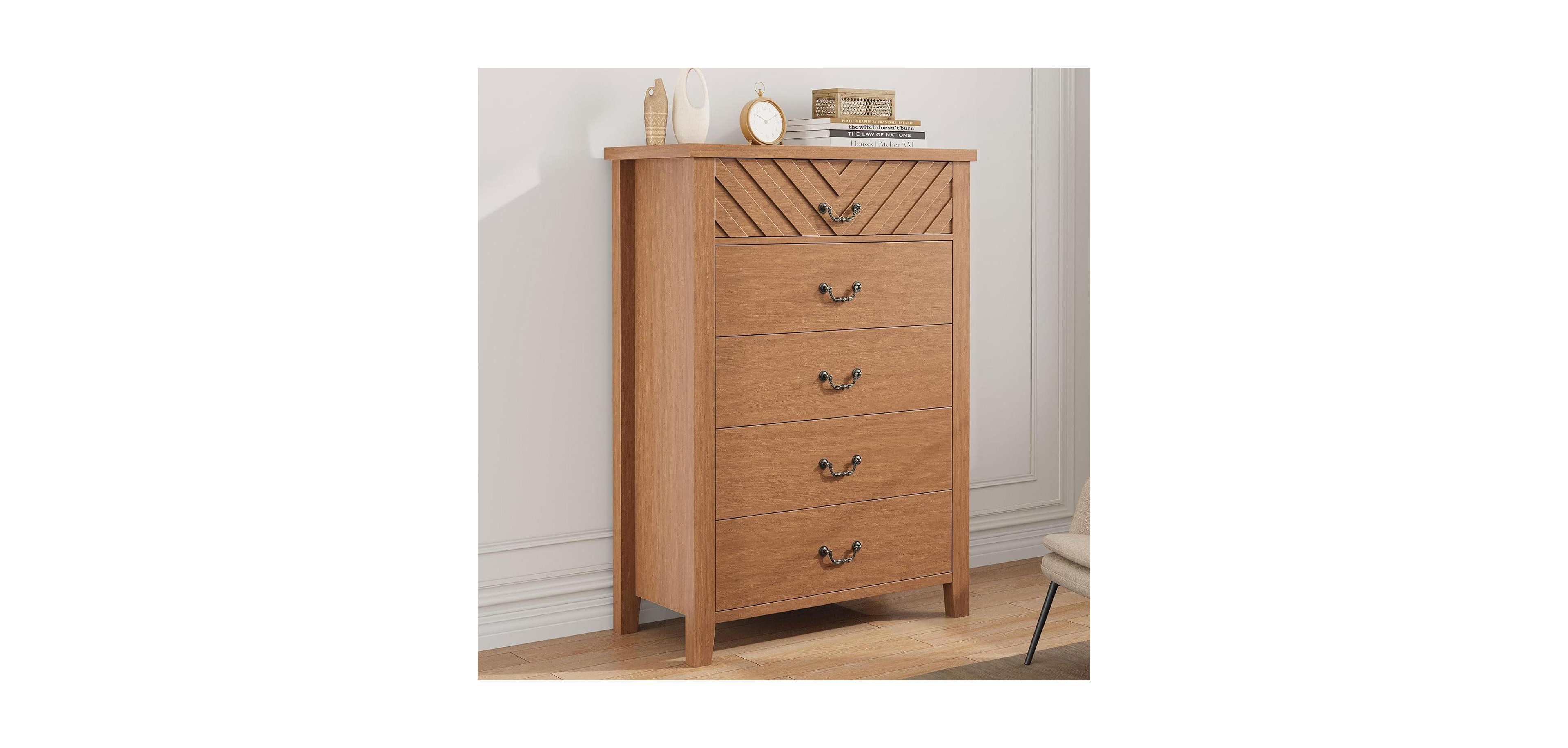 Gaomon 5 Drawer Dresser for Bedroom, Brown 5 Chest of Drawers Nightstand
