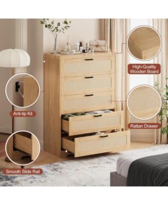 Tall Rattan Dresser 5 Drawer Chest Modern Wooden Storage Cabinet with Wide Top for Bedroom Living Room Hallway Entryway