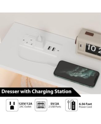 47 Inch 6 Drawer Dresser with LED Light Charging Station Storage Shelf Gold Legs Modern Drawer Cabinet for Bedroom Living Room