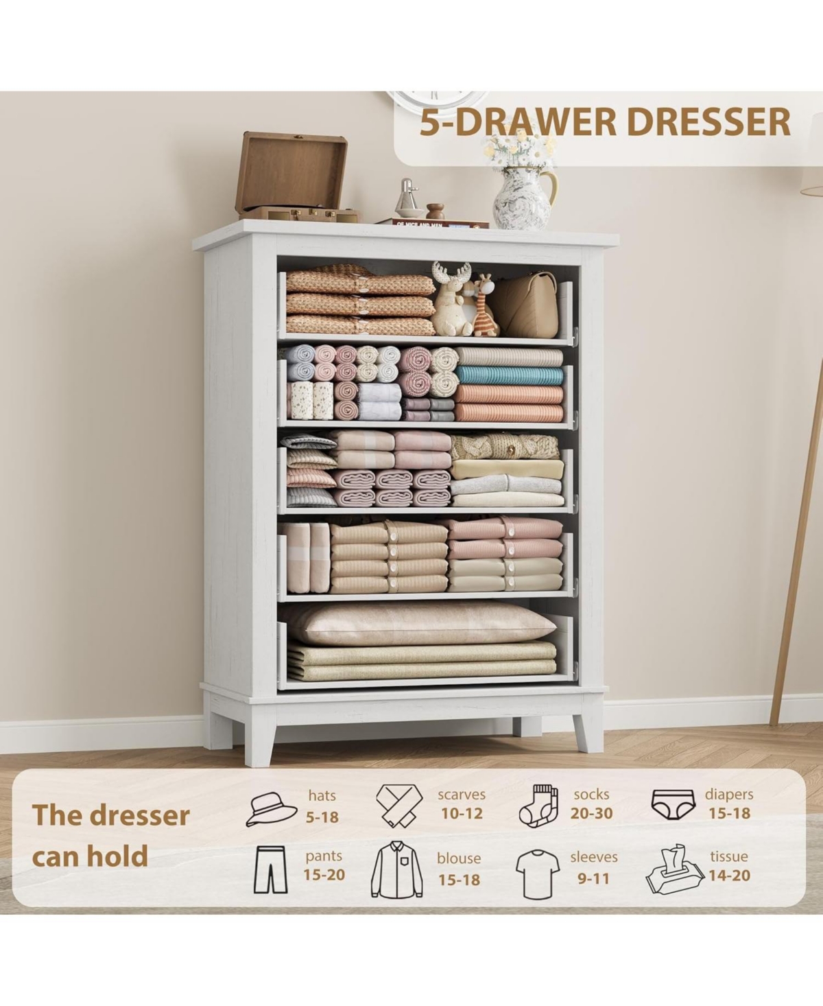 Gaomon 41.3" Tall 5-Drawer Dresser, Freestanding Wooden Chest for Bedroom or Living Room