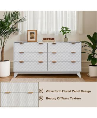 54" Farmhouse Style 6-Drawer Chest with Faux Marble Top, Wide Wood Dresser for Bedroom & Living Room