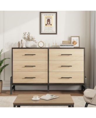 52" Wide 6-Drawer Closet Dresser, Freestanding Wooden Storage Cabinet for Bedroom & Living Room, Natural Oak
