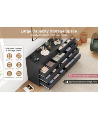 12 Drawer Dresser for Bedroom, 61 Inch Wood Dresser with Power Outlet