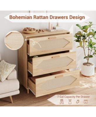 3 Drawer Rattan Dresser for Bedroom, Rattan Modern Dresser Wood Chest of Drawers, Wooden Storage Cabinets for Bedrooms