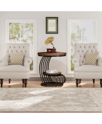 Round End Side Table Set of 2: Side Table with 2 Tiers Storage Shelves, Vintage End Table