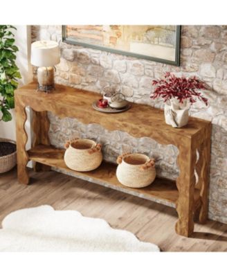 63" Narrow Long Entryway Table, 2-Tier Modern Farmhouse Entry Table, Light Brown