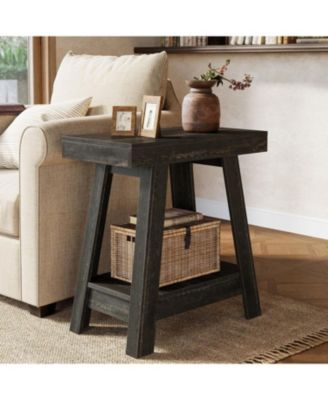 2-Tier Wooden End Table, Farmhouse Small Sofa Side Table with Storage, Rustic Grey