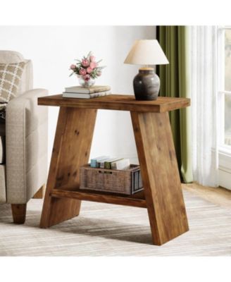 Solid Wood End Table for Living Room, Narrow Small Side Table with 2-Tier Storage