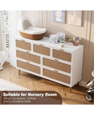 Rattan 7-Drawer Dresser, Tall Wood Chest with Wide Top, Large Storage Cabinet for Bedroom, Living Room, Hallway