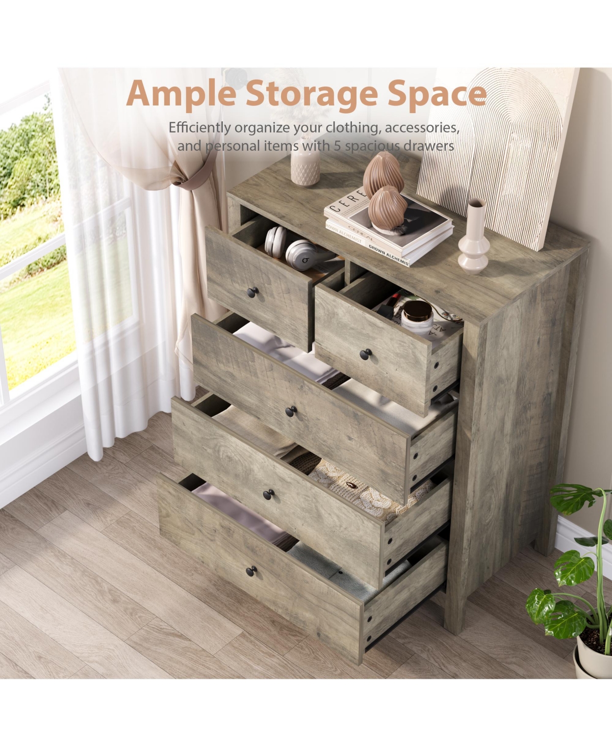 gaomon 5 Drawer Dresser for Bedroom, Modern Tall Organizer with Storage Drawers