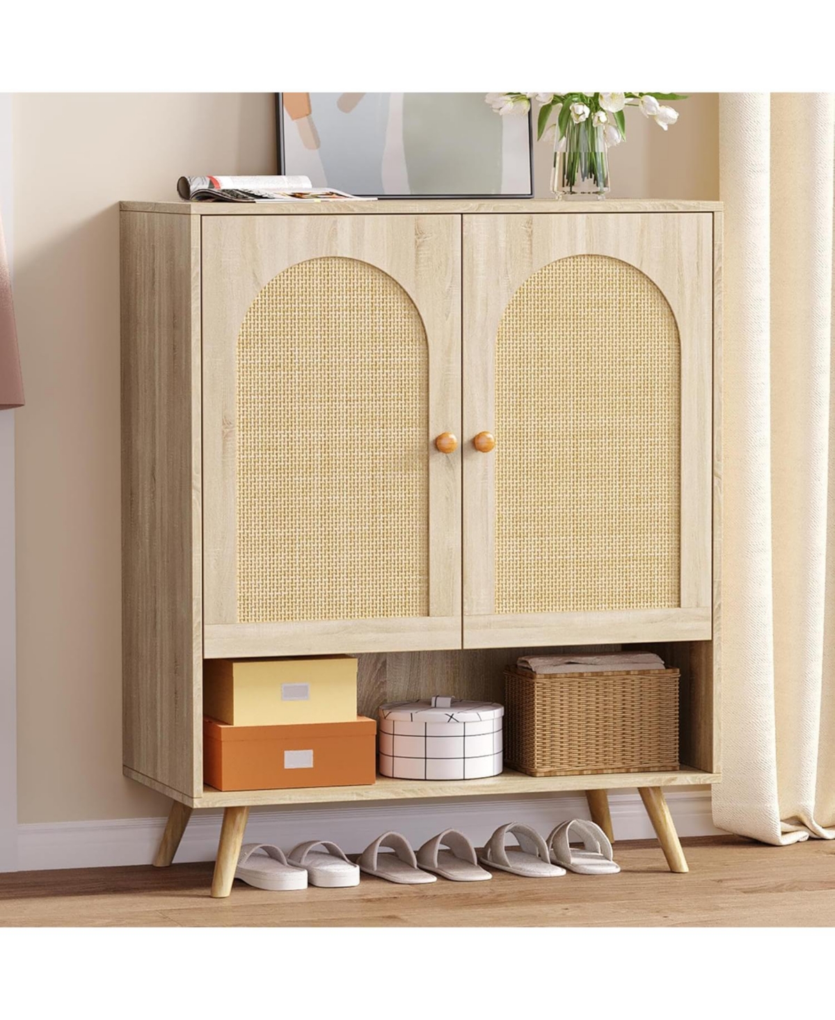 Gaomon Rattan Shoe Cabinet with Doors, 4-Tier Entryway Shoe Organizer with Woven Rattan Panels and Adjustable Shelves for Hallway or Living Room