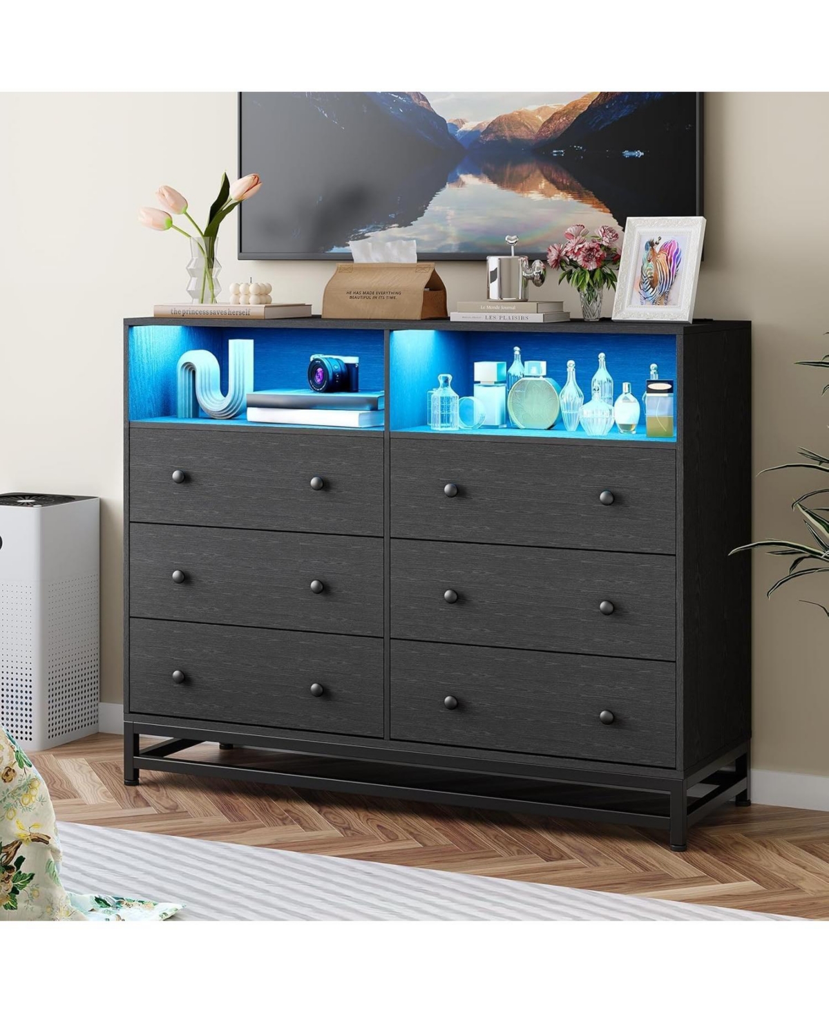 gaomon 6-Drawer Wide Bedroom Dresser with Charging Station and Led Lights, Modern Large Capacity Storage Cabinet, Pink