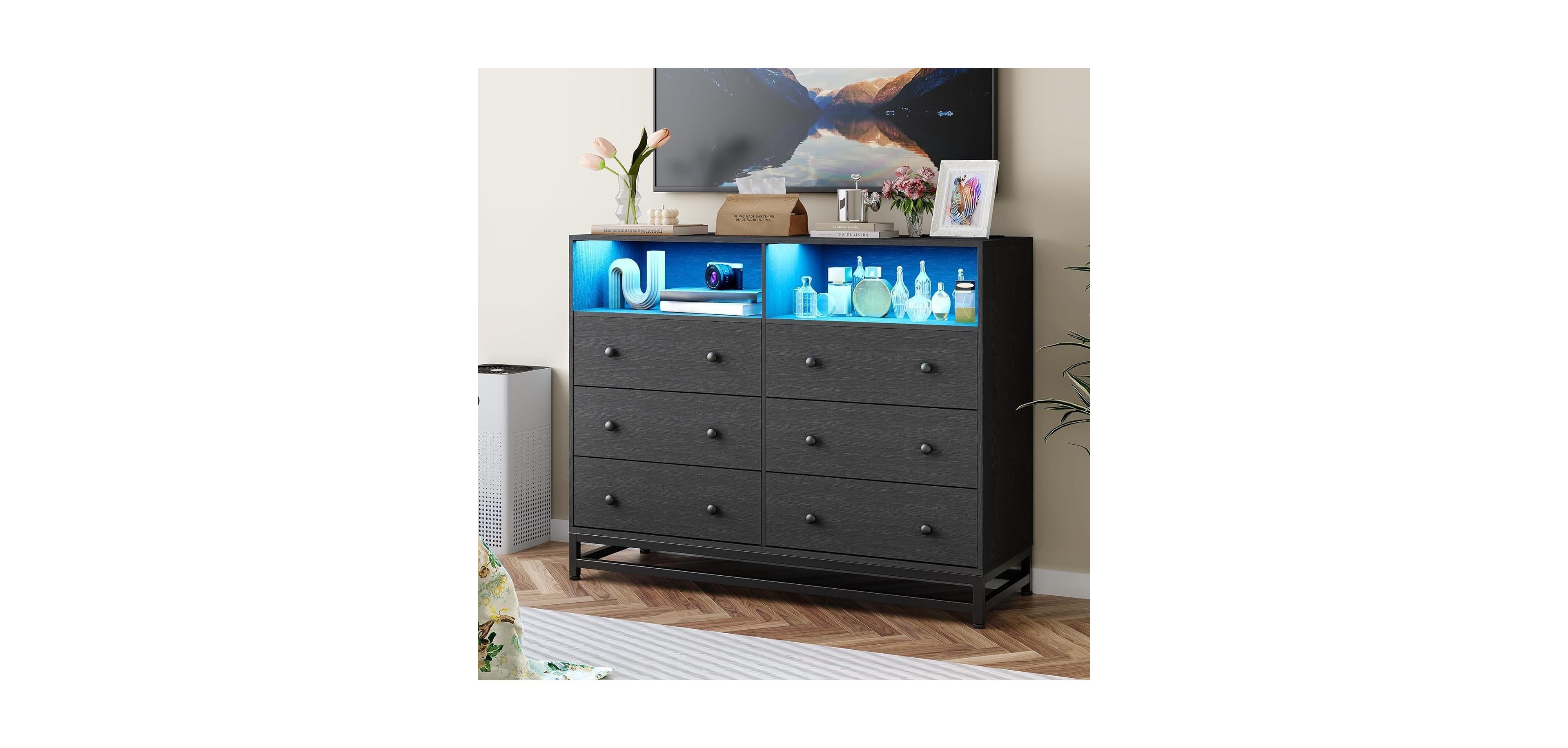 gaomon 6-Drawer Wide Bedroom Dresser with Charging Station and Led Lights, Modern Large Capacity Storage Cabinet, Pink
