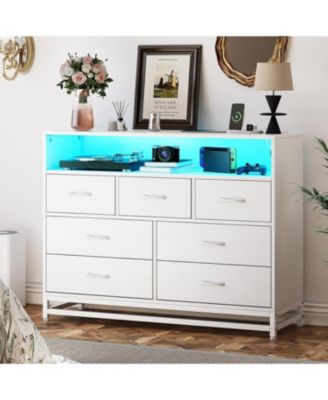 Drawer Bedroom Dresser with LED Lights & Charging Station, Long Wood Chest with Large Capacity for Living Room Hallway