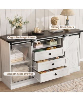 59" Farmhouse 4-Drawer Barn Door Dresser, Wide Wood Storage Chest and TV Stand for Bedroom or Entryway