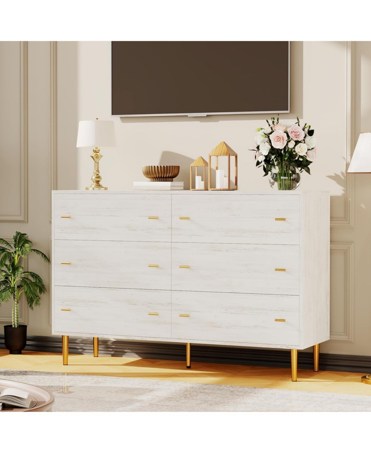 Gaomon White Rustic 6-Drawer Bedroom Dresser, 47.2" Wide Vintage Chest with Bar Handles