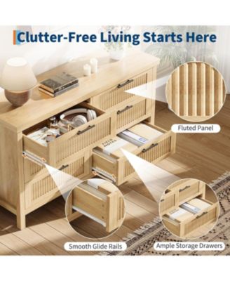 Fluted 6-Drawer Bedroom Dresser, 47.4" Wide Mid-Century Modern Chest with Storage Cabinet & Large Drawers for Bedroom and Living Room