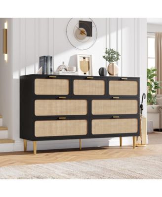 Rattan 7-Drawer Bedroom Dresser, Tall Modern Chest with Deep Drawers, Wide Top Wooden Closet Organizer for Living Room, Hallway, Kids Room