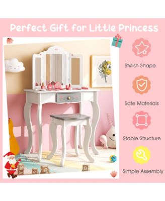 MDF Wood Tri-Folding Acrylic Mirror, Removable Mirror, Anti-Tip Safety, Includes Accessories Kids Vanity Set