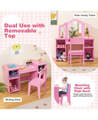 Kids Vanity 2 in 1 Princess Makeup Desk & Chair Set Safe Tri-fold Mirror