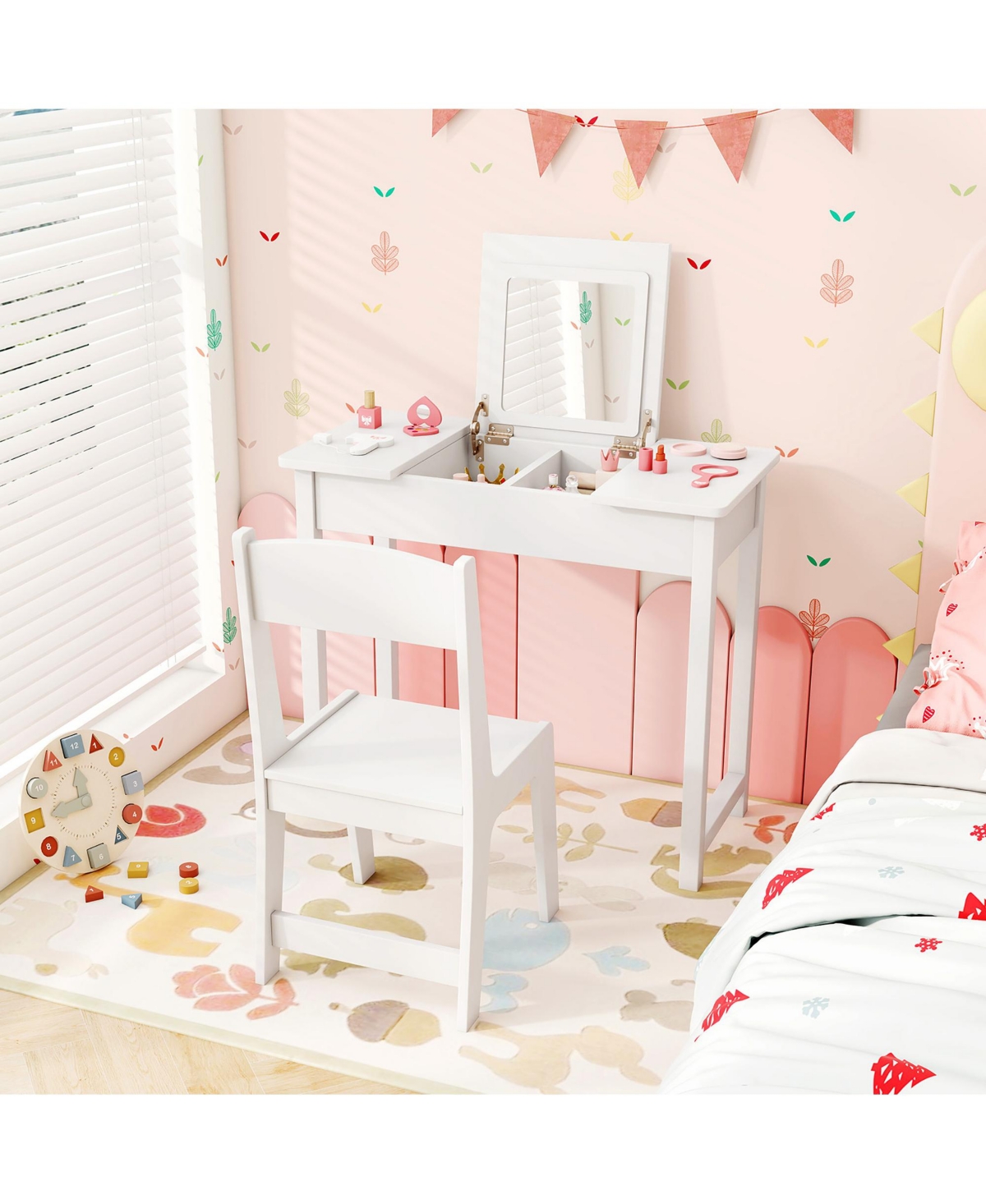 Gymax Kids Vanity Table & Chair Set 2-in-1 Princess Makeup Dressing Desk