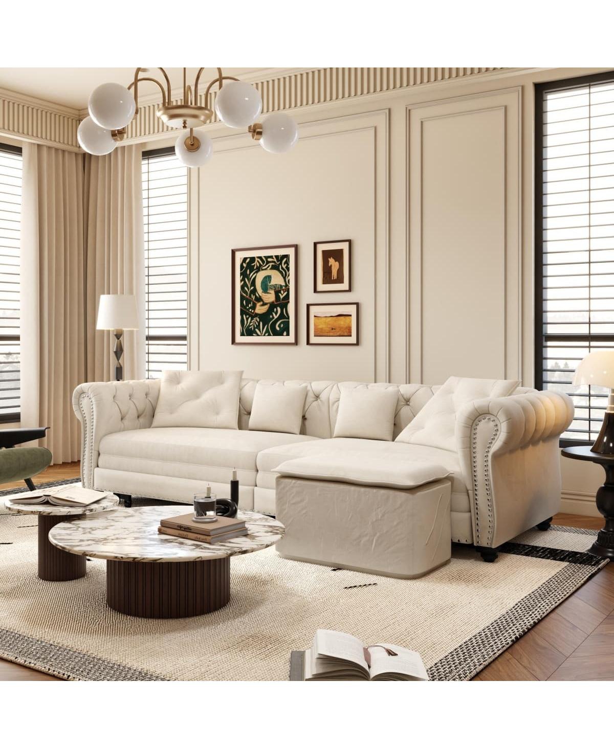 Maison Boucle 89" Sleeper Sofa Bed, King Velvet Pull-Out Couch with Chaise Lounge & Ottoman, 3-in-1 Tufted for Living Room