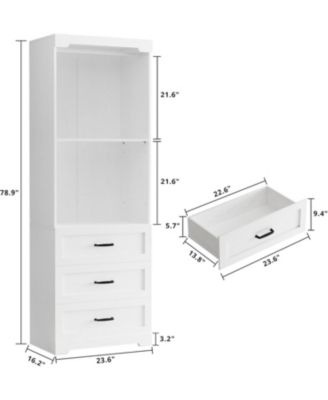 Freestanding Closet System with 3 Wood Drawers, Adjustable Shelves and Hanging Rod, White