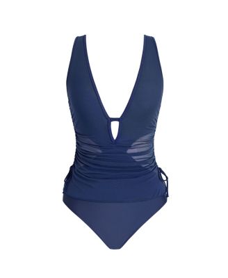 Women's V Neck Mesh One Piece Swimsuit with Drawstring Detail