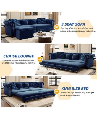 89" Sleeper Sofa Bed, King Size Velvet Pull-Out Couch with Chaise Lounge & Ottoman, 3-in-1 Tufted Sofa for Living Room