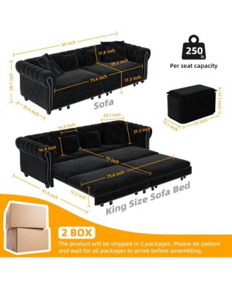 89" Sleeper Sofa Bed, King Size Velvet Pull-Out Couch with Chaise Lounge & Ottoman, 3-in-1 Tufted Sofa for Living Room