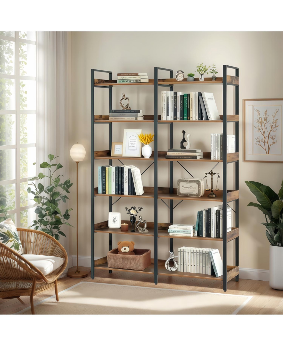 Streamdale 6-Tier Industrial Bookshelf, 67" Open Shelf Bookcase, Metal Frame, Brown