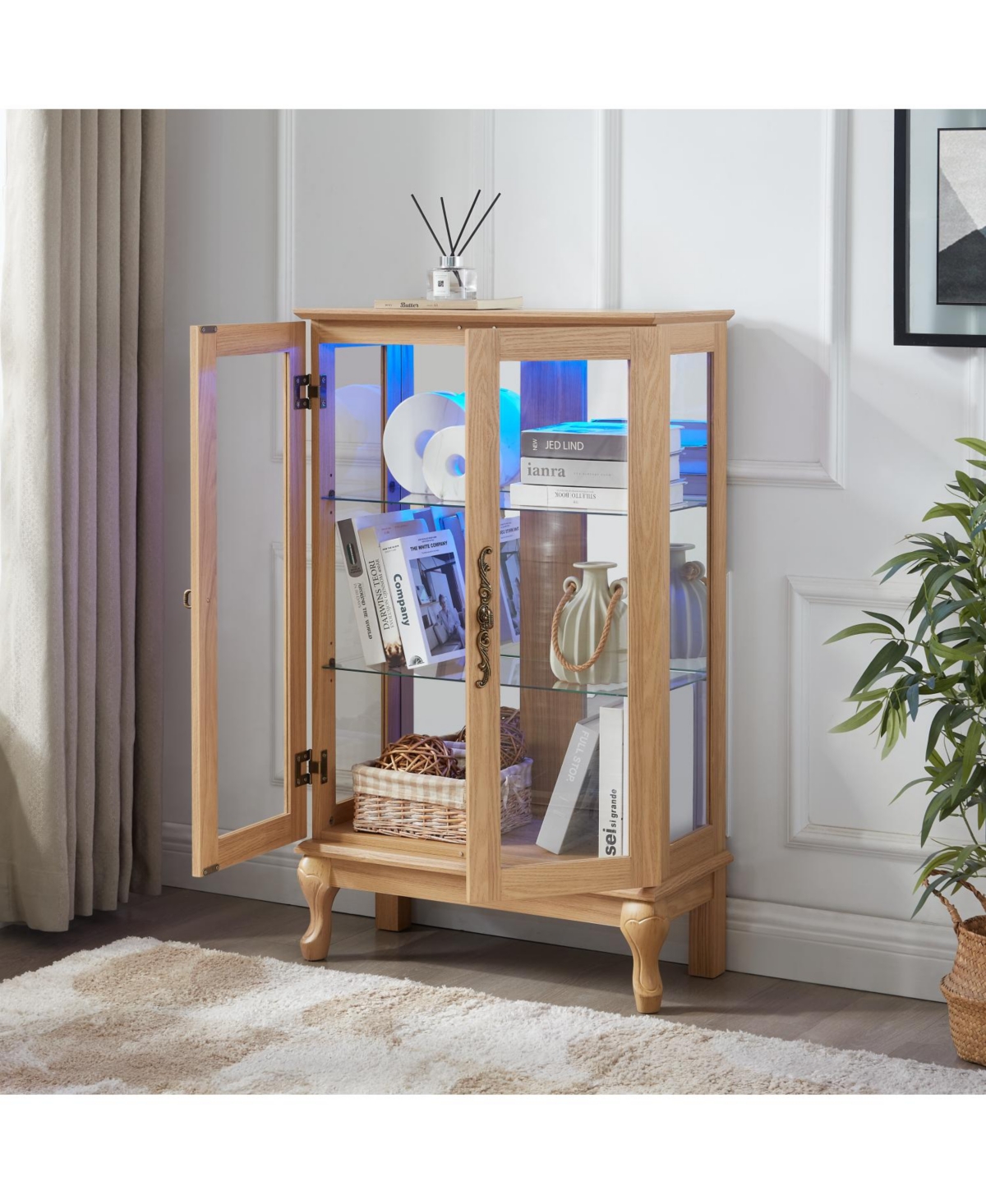 Streamdale Furniture Light Oak Curio Cabinet with Led & Adjustable Shelves