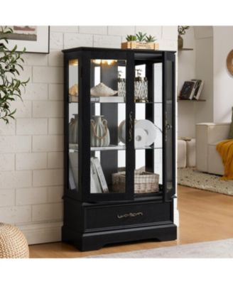 Streamdale Lighted Glass Curio Cabinet - 2-Door Display, Drawer, Bulb - BLACK