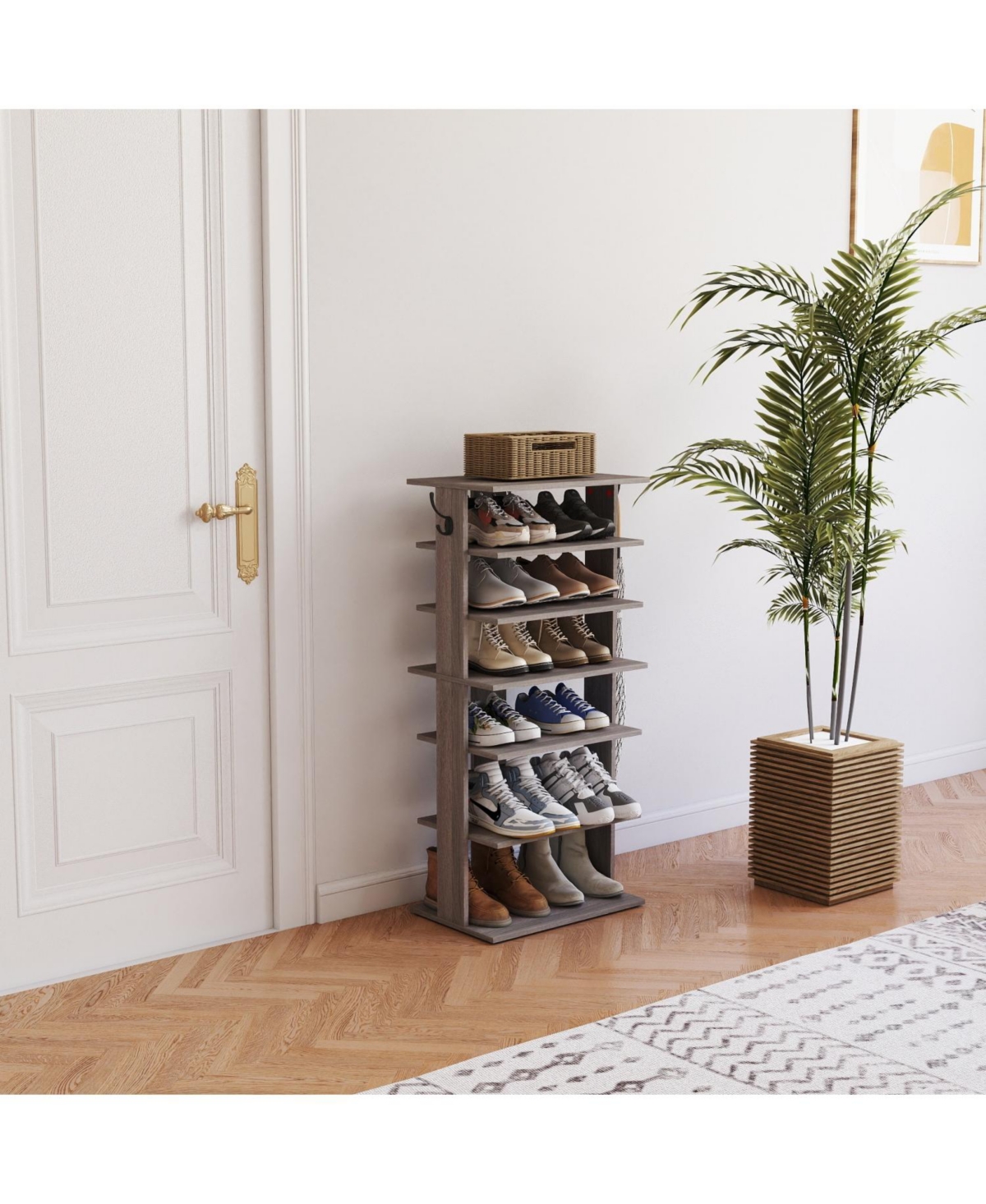 Streamdale 7-Tier Shoe Rack Organizer with Hooks, Entryway Shoe Tower, Rustic Gray