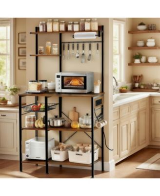 Streamdale Bakers Rack with Power Outlet, Microwave Stand, Coffee Bar, Kitchen Shelf (Brown)