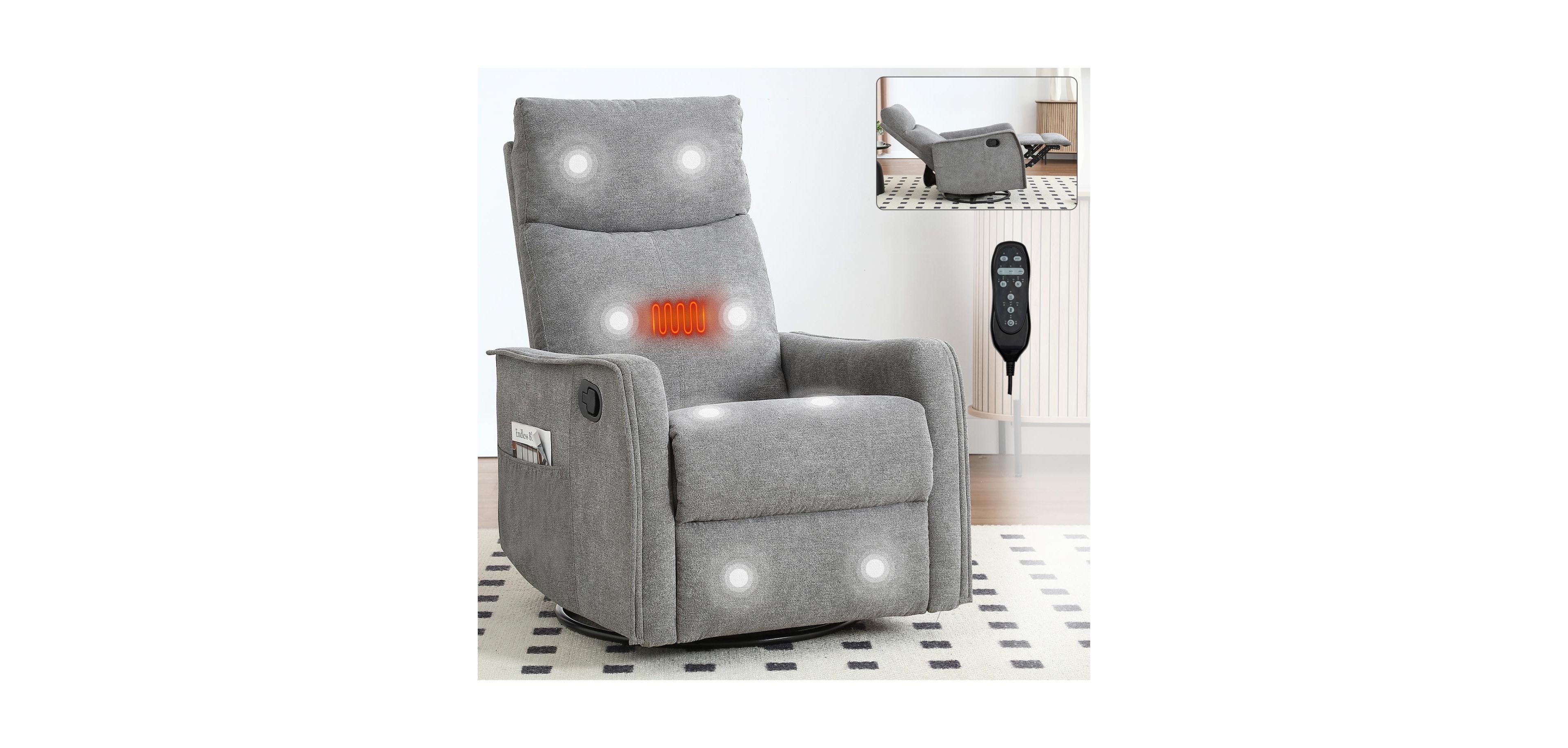 Streamdale Heat Massage Manual Recliner Chair with Rocker and Swivel in Fabric for Living Room, Grey