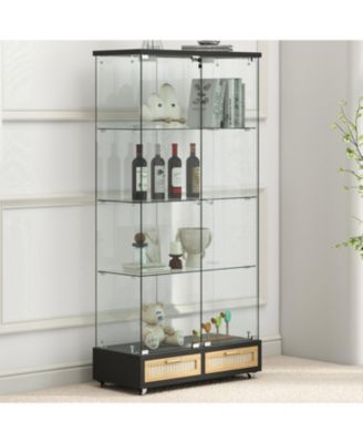 Modern Glass Display Cabinet w/ Drawers & LED Lights