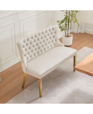 Velvet Dining Loveseat Bench, Tufted 2-Seat, Gold Legs, Mid Century Modern, Beige