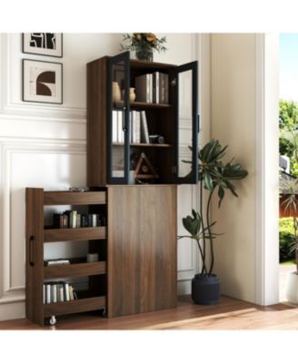  70.87" Display Cabinet, 4-Tier Pull-Out Shelf, 2 Glass Doors, Modern Bookshelf