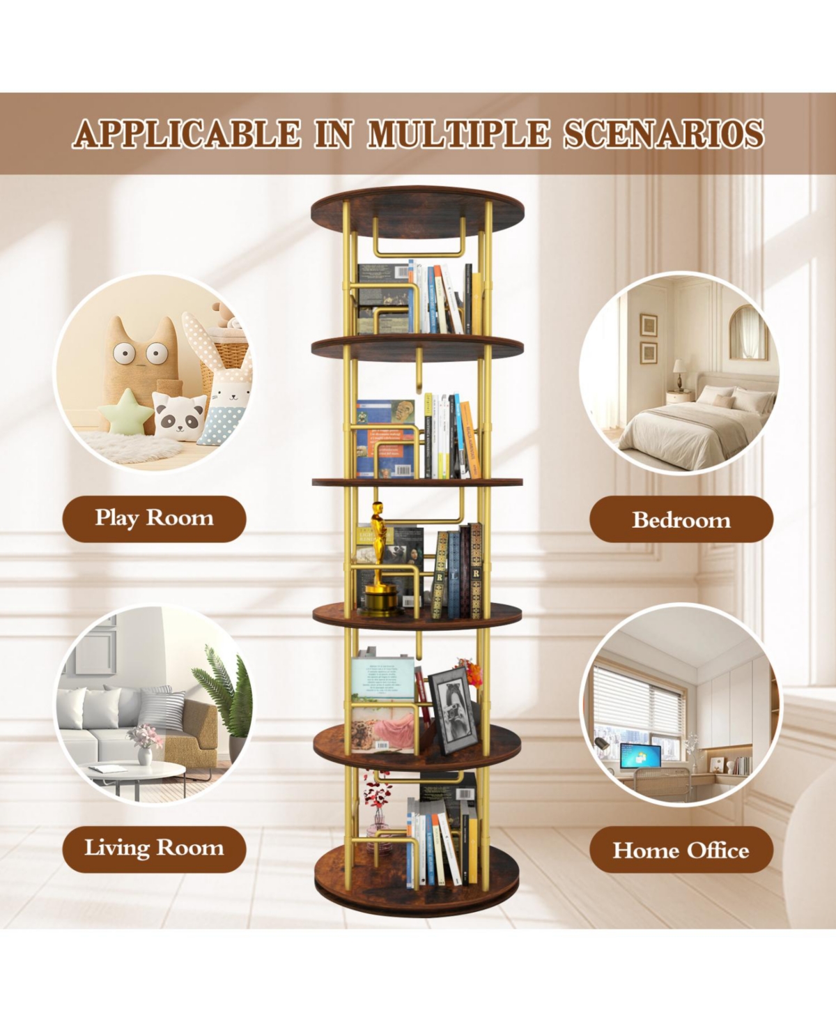 Streamdale Furniture Rotating 5-Tier Bookshelf - 360 Swivel, Gold
