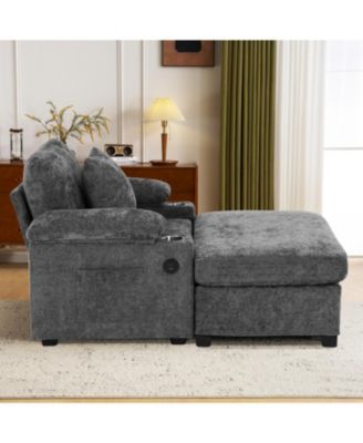 Oversized Chenille Chair with Ottoman USB & Cupholders