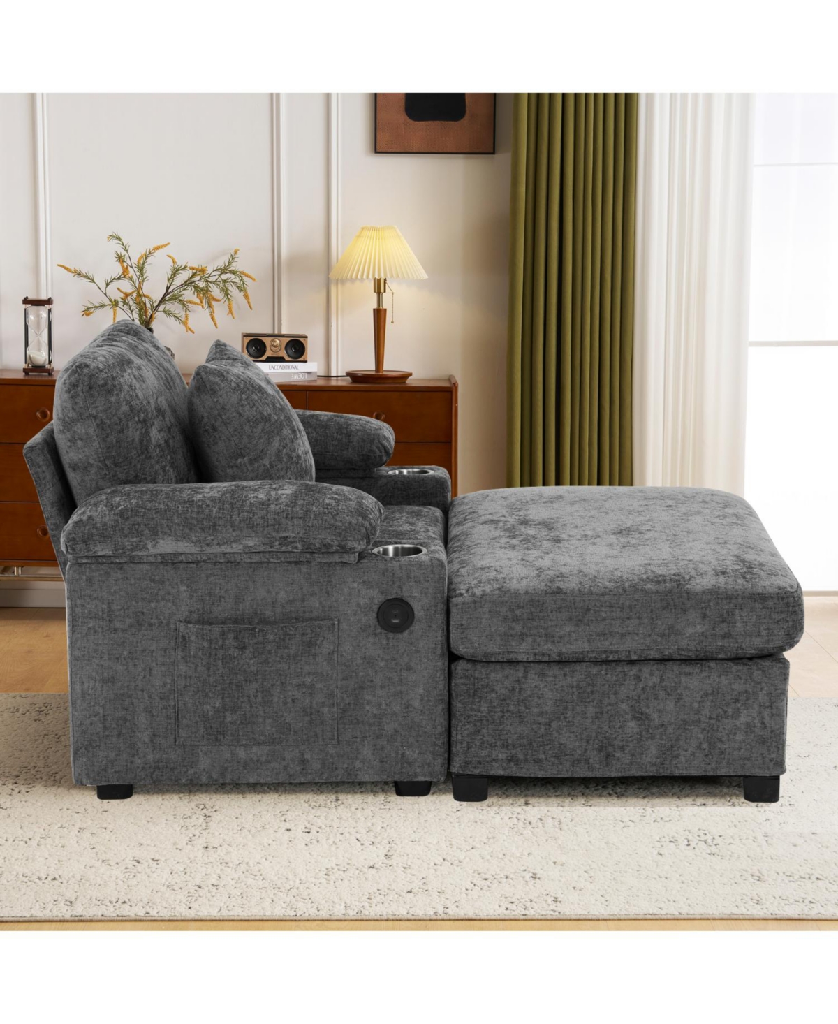 Streamdale Furniture Oversized Chenille Chair with Ottoman Usb & Cupholders