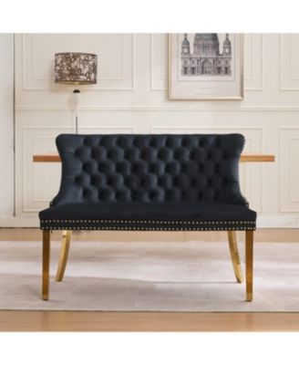  Velvet Dining Loveseat Bench, Tufted, Wing Back, Gold Legs, Black