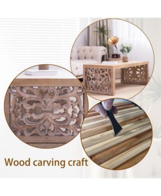 Rustic Carved Wood Coffee Table - Ornate Panels, Natural Finish